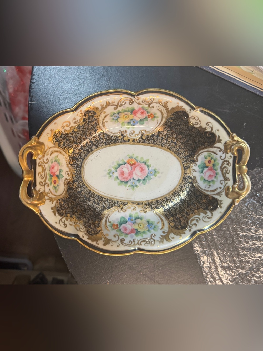 Vintage-Style Porcelain Vanity Tray with Pink Floral and Gold Accents